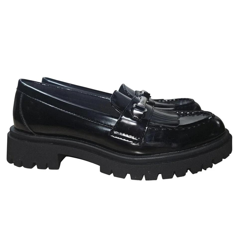 Lug Sole Loafer Shoes Women 9 Black Platform Sole‎ Kiltie Fringe Horsebite